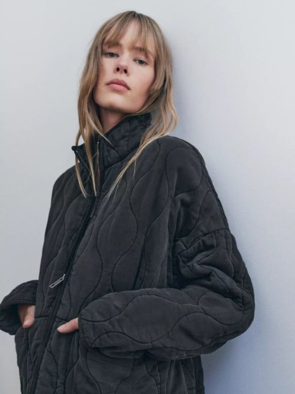 ZARA Quilted Grey Zip Front Funnel Neck Jacket Size Small